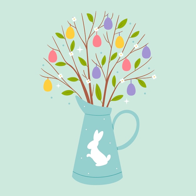 卵の枝とイースターの花瓶 春のパステル画 家族の伝統