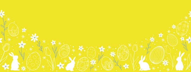 Easter vector background illustration with easter bunnies, eggs, flowers, and a text space.