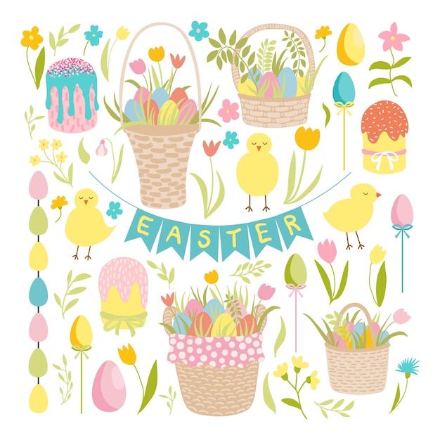 Easter vector clip art set. Happy Easter. Different kinds of vector element for April holiday decor. Baby chickens, wicker picnic basket, coloured eggs, garlands, cake, tulips, flowers, leaves.