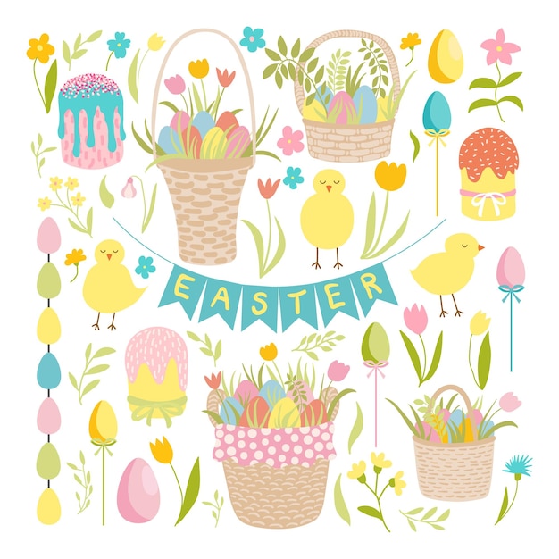 Set di clip art vettoriali di pasqua. buona pasqua. diversi tipi di elementi vettoriali per l'arredamento delle vacanze di aprile. pulcini, cestino da picnic in vimini, uova colorate, ghirlande, torta, tulipani, fiori, foglie.