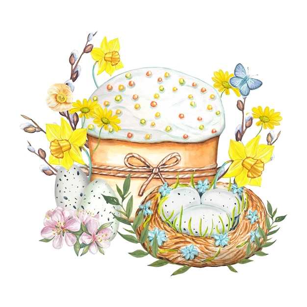 Вектор Пасхальная векторная композиция с куличом, яйцами, цветами, акварелью
