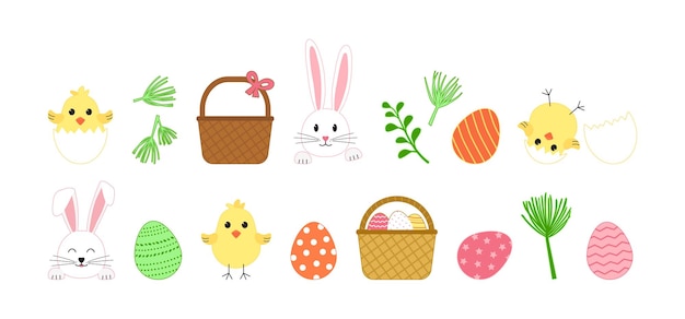 Easter vector cute set cartoon rabbit and egg hunt spring basket chick with shell happy bunny