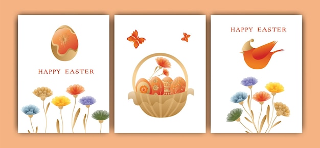 Easter vector illustration set of three cards Rabbits wreaths and flowers Easter eggs Gradient postcards with words wishes for happy Easter