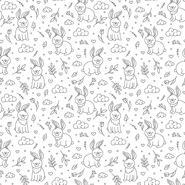 Easter vector linear seamless pattern with bunnies and clouds in doodle style