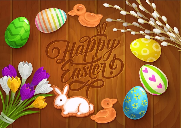 Easter vector poster with painted eggs flowers