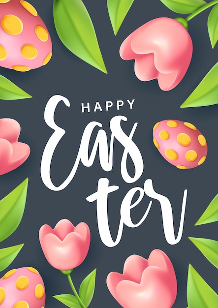 Vector easter vertical card greeting easter poster with eggs leaves and flowers