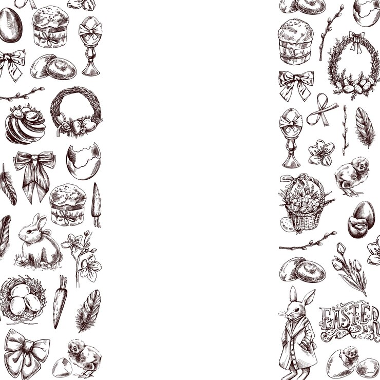 Vector easter vintage border with rabbit chick eggs bow willow feathers holiday elements