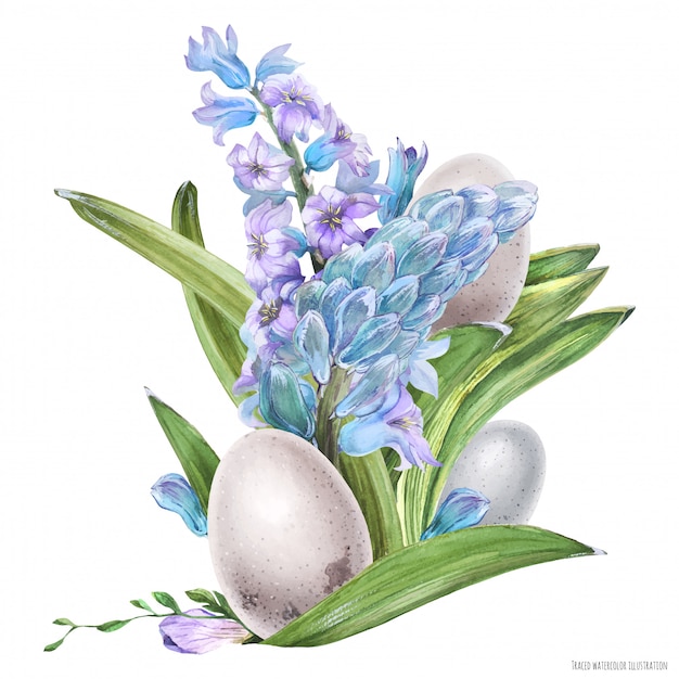 Vector easter watercolor bouquet with hyachinth flowers and bird eggs