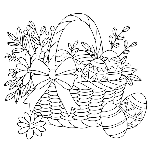 Easter wicker basket with a bow flowers and painted eggs coloring book page
