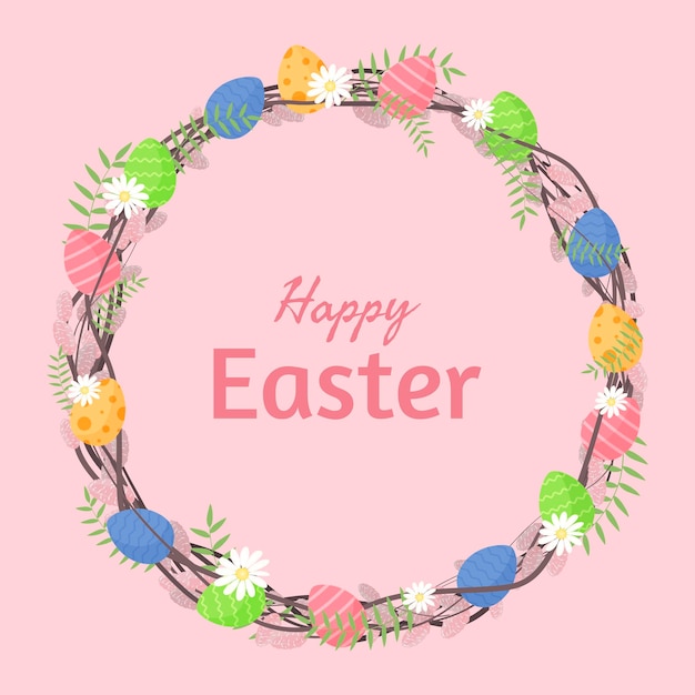 Easter willow wreath with paint eggs ang spring flowers Happy Easter greating card or background