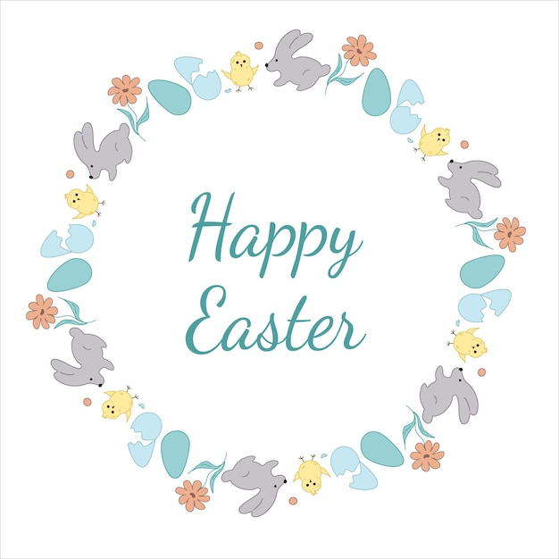 Easter wreath Rabbit flowers chicken eggs Doodle vector illustration Happy Easter lettering