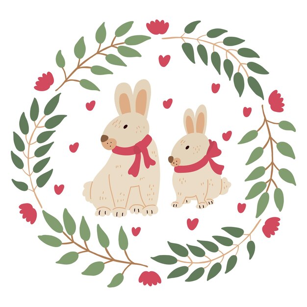 Easter wreath with cute bunnies or rabbits