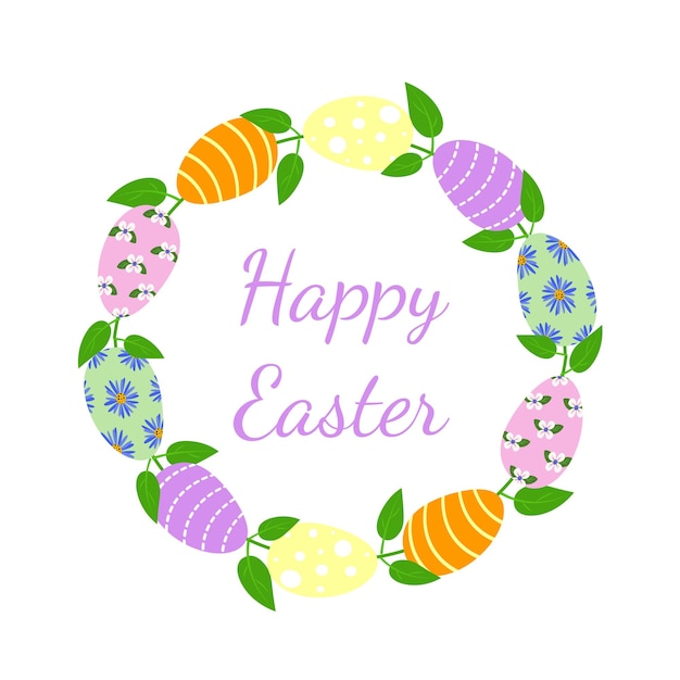 Easter wreath with easter eggs hand drawn on white background.vector illustration in flat style.