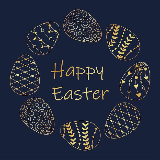 Easter wreath with golden Easter eggsVector Happy Easter greeting card