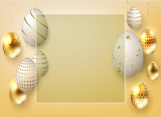 Easter yellow composition with shiny gold and white eggs on pendants, postcard.