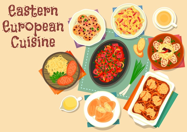 Eastern european cuisine lunch icon of pepper beef stew, cabbage stew with sausage and ham, fried sausage with cabbage, meat cabbage dumpling, patty, potato dumpling in meat sauce, raisins cookie