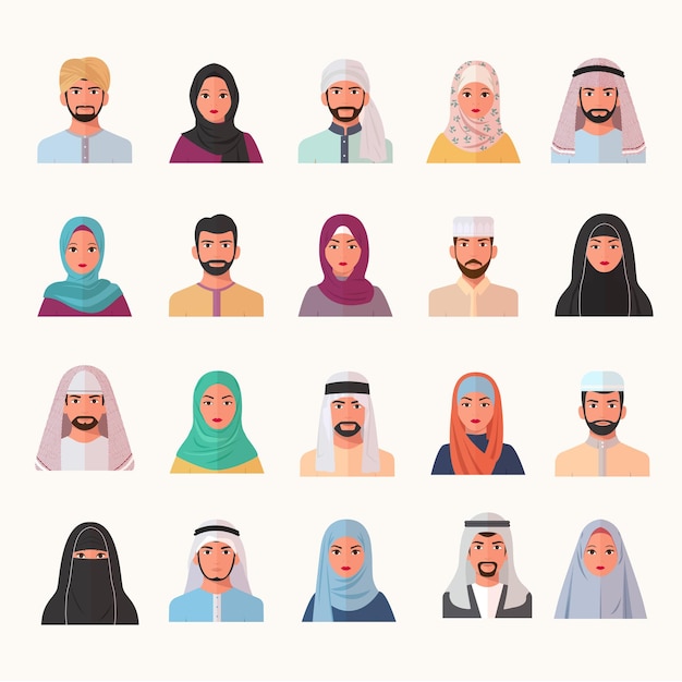 Set di avatar di personaggi musulmani orientali. sorridenti volti arabi di uomini donne in chador e burqa hijab colorati alla moda tradizionali