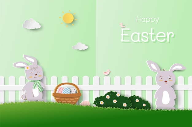 벡터 귀여운 토끼와 부활절 달이 있는 부활절 축하 카드