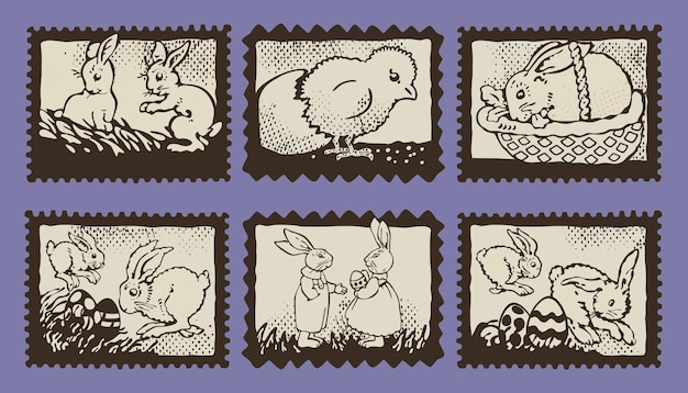 Пасхальные почтовые марки с кроликами, курицей и крашеными яйцами