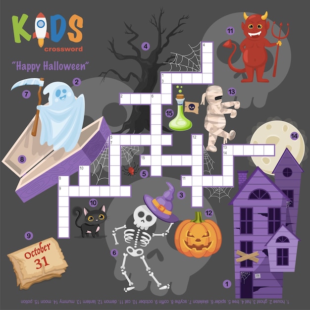 Easy crossword puzzle happy halloween for children in elementary and middle school fun way to practice language comprehension and expand vocabulary includes answers