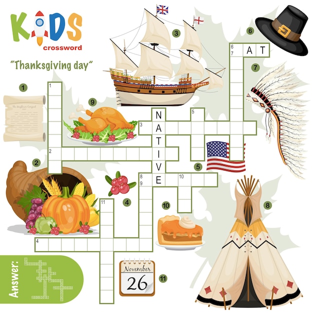 Easy crossword puzzle Thanksgiving day for children in elementary primary and middle school Fun way to practice language comprehension and expand vocabulary Includes answers