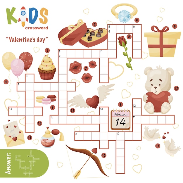 Easy crossword puzzle Valentine's day for children in elementary primary and middle school Fun way to practice language comprehension and expand vocabulary Includes answers