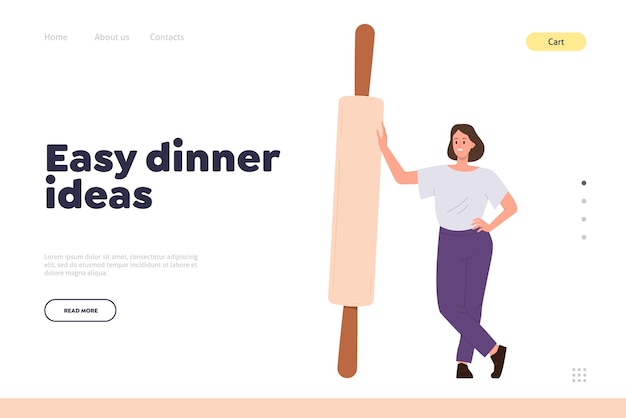 Easy dinner idea advertisement landing page website template with pastry recipe and bakery products cooking food preparation Happy woman character holding huge wooden rolling pin vector illustration