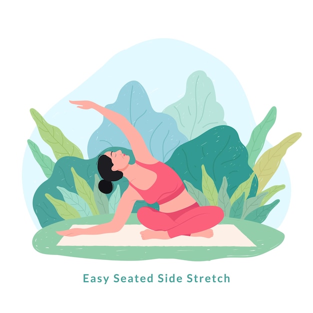 Tratto laterale facile da seduto posa yoga giovane donna che pratica esercizio yoga