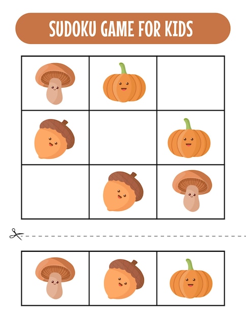 Easy sudoku game worksheets for kids with kawaii autumn