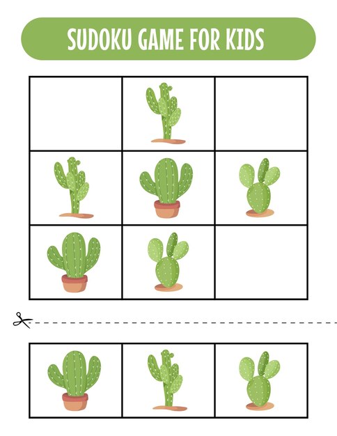 Easy Sudoku-spelwerkbladen voor kinderen met Cue Cactus