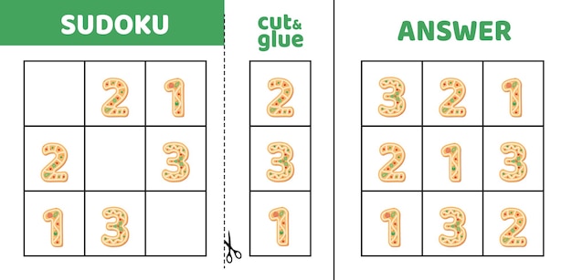 세 개의 쿠키 번호로 쉬운 수도쿠 1 2 3 작은 아이들을 위한 게임 퍼즐 절단 및 접착