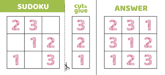 Easy sudoku with three numbers of flowers 1 2 3 Game puzzle for little kids Cut and glue Doodle