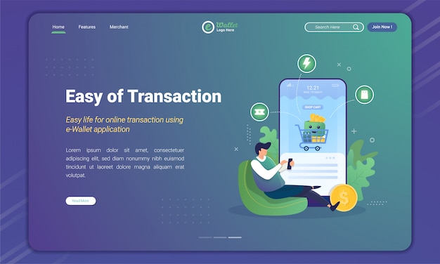 Easy of transaction using e-wallet for shopping payment on landing page template