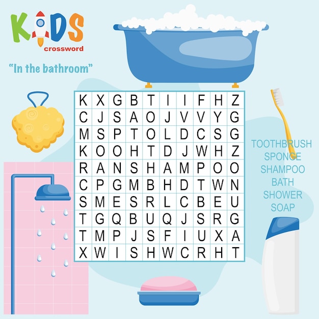 Easy word search crossword puzzle 'in the bathroom' for children in elementary and middle school fun way to practice language comprehension and expand vocabulary includes answers