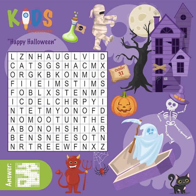 Easy word search crossword puzzle happy halloween for children in elementary and middle school fun way to practice language comprehension and expand vocabulary includes answers