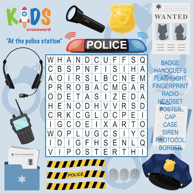 Vector easy word search crossword puzzle at the police station for children in elementary and middle school fun way to practice language comprehension and expand vocabulary includes answers