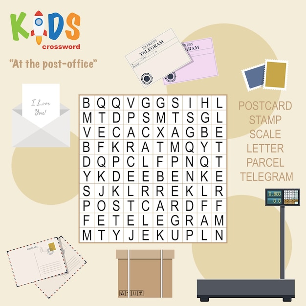 Vector easy word search crossword puzzle 'at the postoffice' for children in elementary and middle school fun way to practice language comprehension and expand vocabulary includes answers