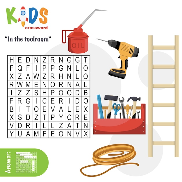 Easy word search crossword puzzle 'In the toolroom' for children in elementary and middle school Fun way to practice language comprehension and expand vocabulary Includes answers