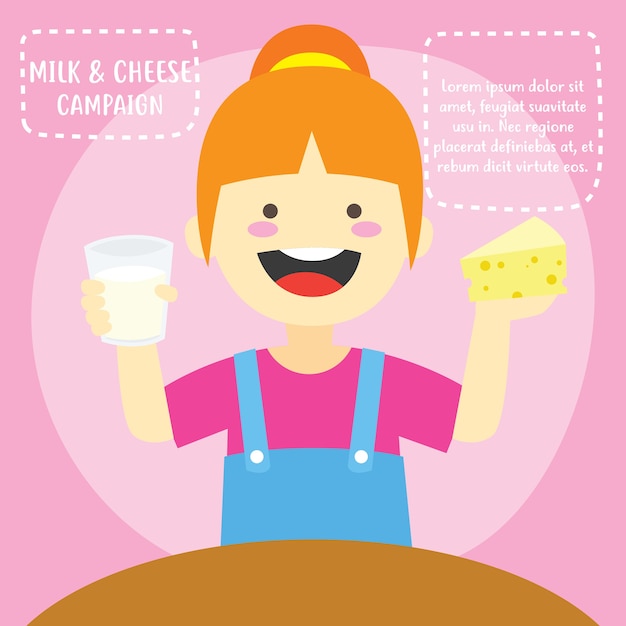 子供と子供のポスターデザインのためにチーズを食べ、牛乳を飲む。