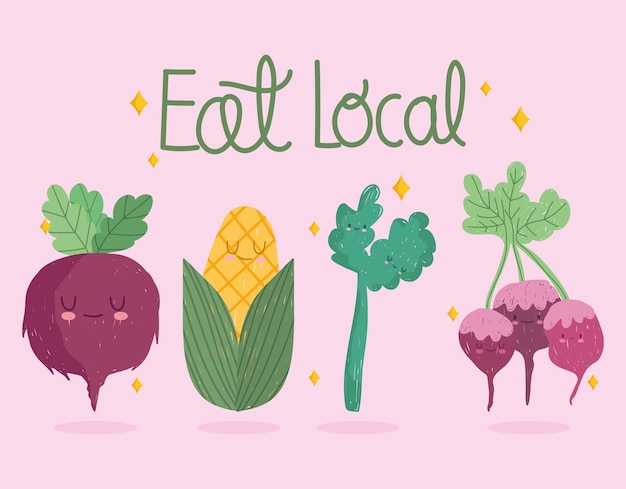 Eat local handwritten text, cartoon vegetables include beet corn celery and radish