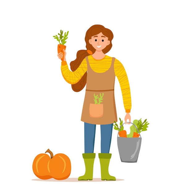 Vector eat local organic products cartoon vector concept. colorful illustration of happy farmer character girl holding bucket with grown vegetables. ecological market design for selling agricultural products