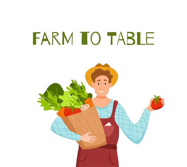 벡터 지역 유기농 제품 만화 벡터 개념을 먹습니다. 재배된 야채와 함께 패키지를 들고 행복 한 농부 캐릭터 남자의 다채로운 그림. 농산물 판매를 위한 생태 시장 설계