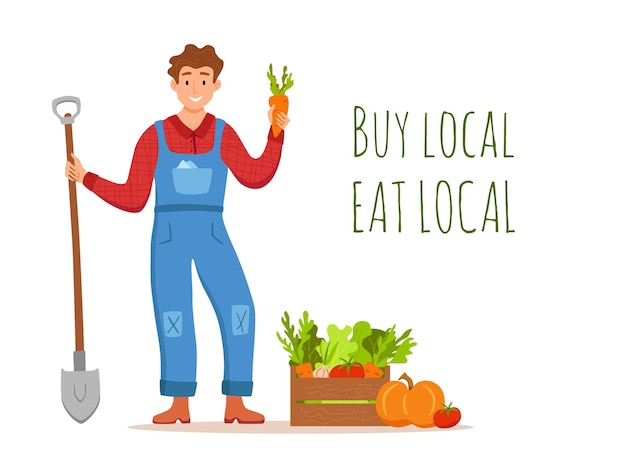 Ешьте местные органические продукты мультяшный вектор концепции. красочная иллюстрация счастливых людей характера фермера держа лопату с выращенными овощами.