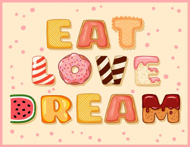 Вектор eat love dream милая смешная открытка с вкусной надписью.
