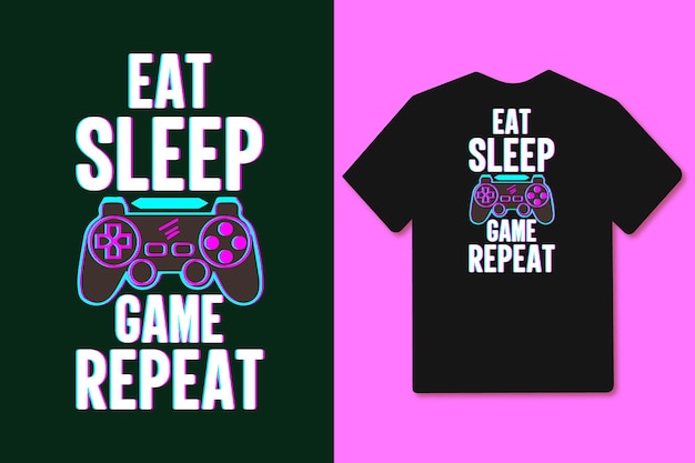 睡眠ゲームを食べるカラフルなグリッチゲームジョイスティックゲームパッドTシャツのデザインと商品を繰り返す