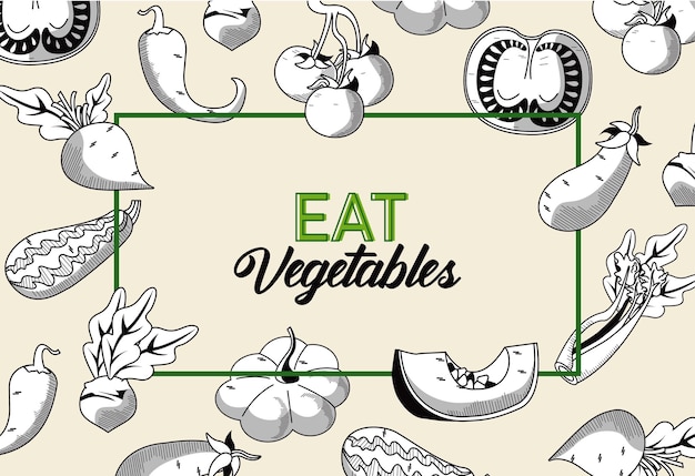 Eat vegetables lettering with healthy food in square frame