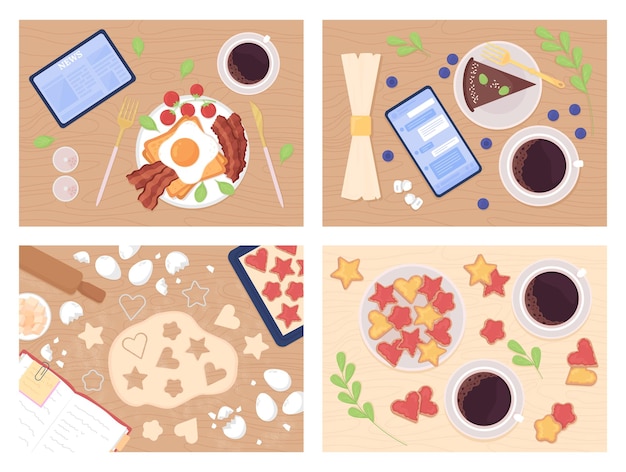 Eating and cooking flat color vector illustration set. Morning routine with breakfast and news on tablet. Piece of cake in cafe. Top view 2D cartoon illustration with desktop on background collection