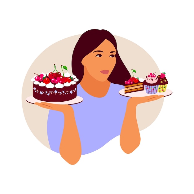 Eating disorder concept Woman greedily devouring cake and cupcake Vector illustration Flat