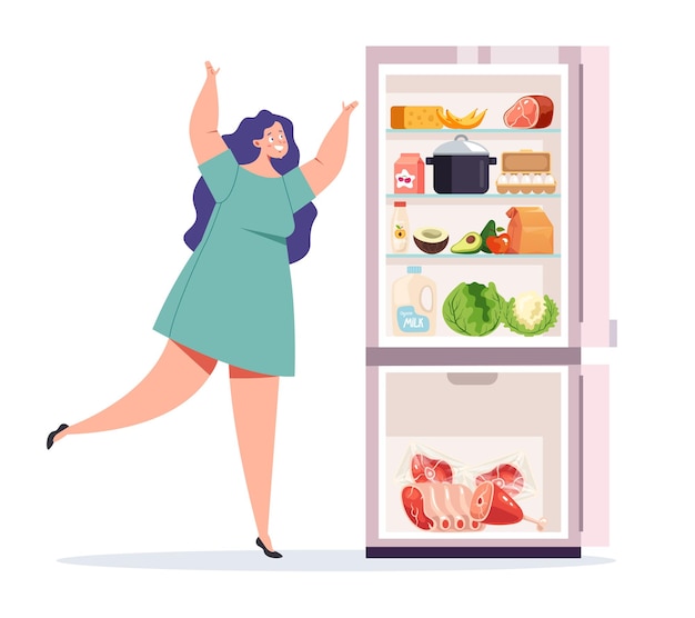 Eating disorder open fridge late night obese gluttony concept graphic design illustration