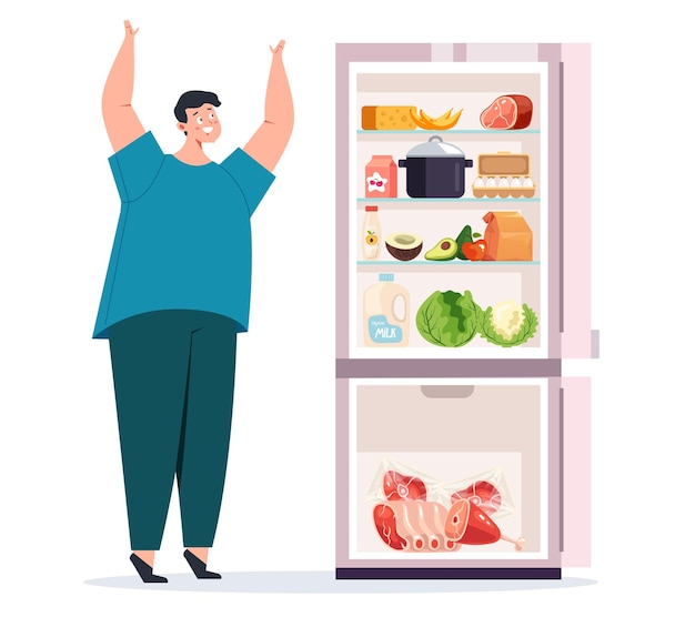 Eating disorder open fridge late night obese gluttony concept graphic design illustration